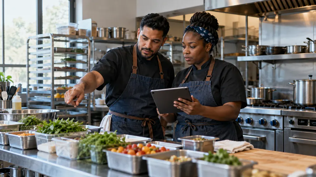 Illustrative photograph: Catering business co-owners checking a digital preparation checklist