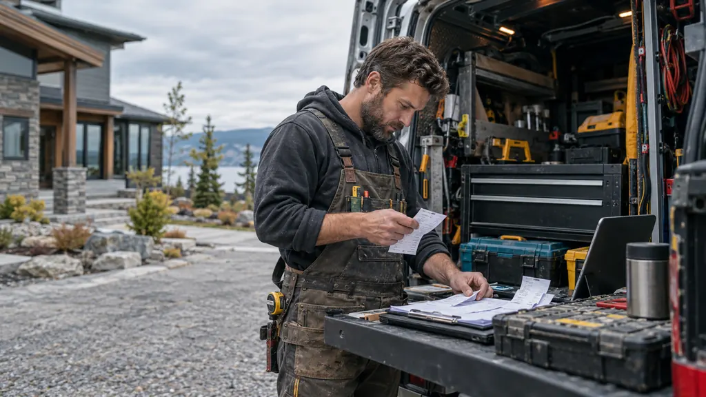 Illustrative photograph: Contractor preparing an estimate beside tools in a parked work van
