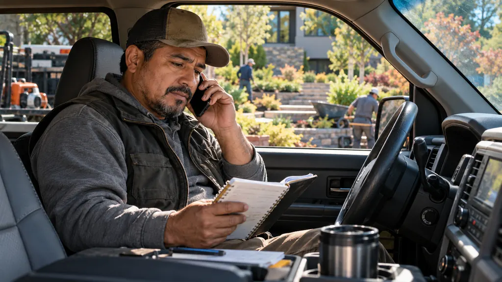 Illustrative photograph: Landscape business owner reviewing appointments during a customer call