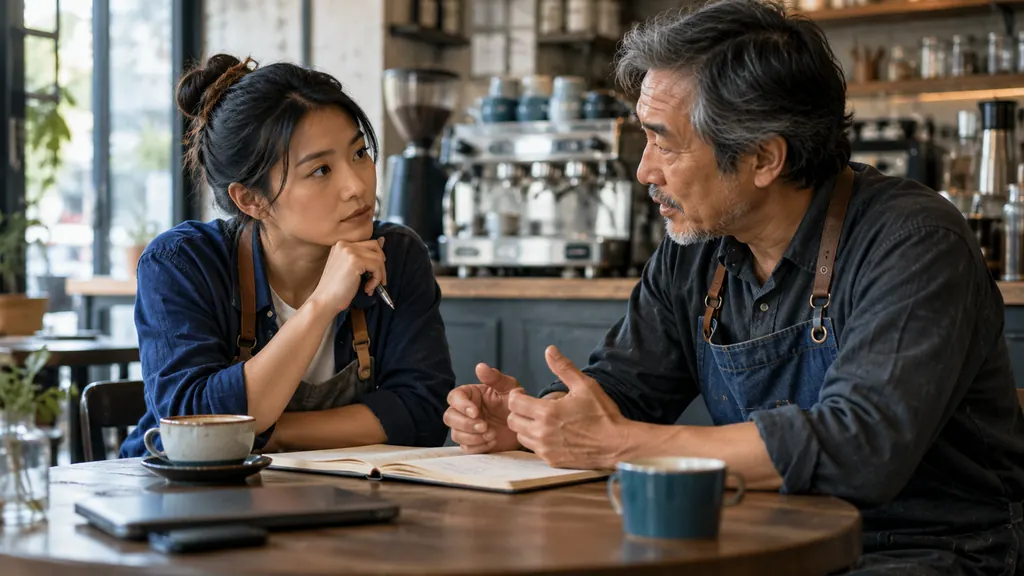 Illustrative photograph: Entrepreneur listening to a cafe owner during a research interview
