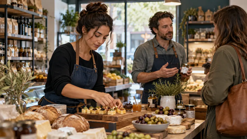 Illustrative photograph: Food business owners introducing samples to a potential customer