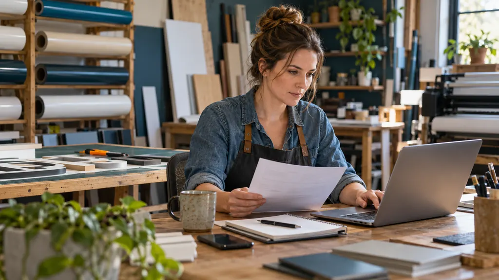 Illustrative photograph: Sign shop owner reviewing an estimate before a customer follow-up