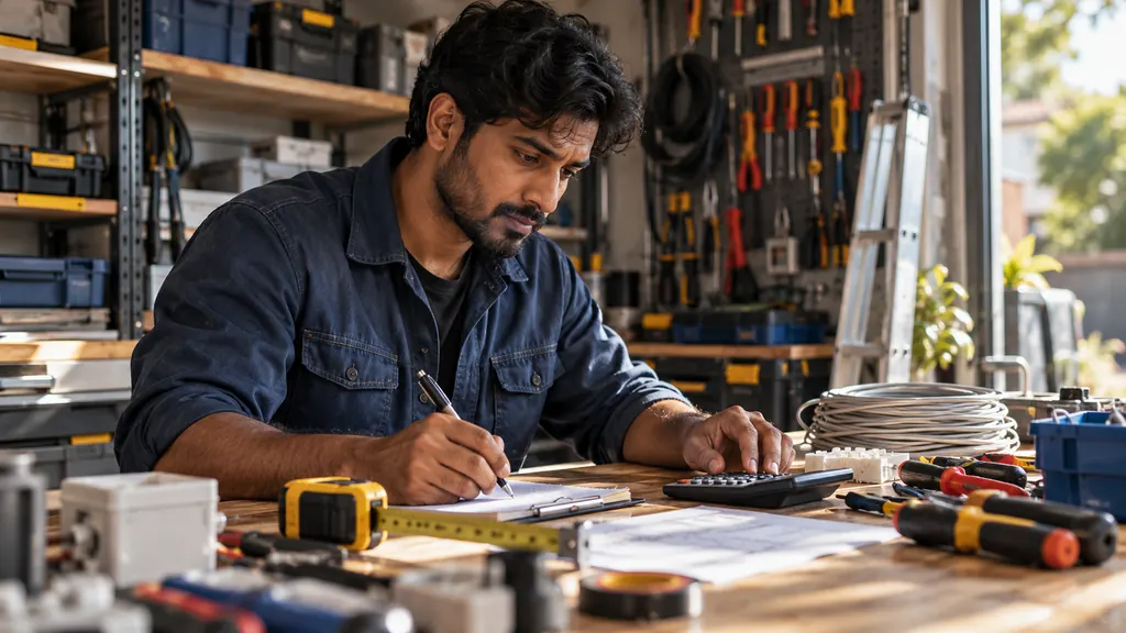 Illustrative photograph: Electrician calculating a service estimate at a workshop bench