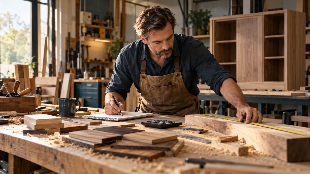 Illustrative photograph: Carpenter calculating the cost of a cabinet job with material samples