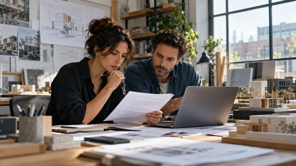Illustrative photograph: Architecture studio colleagues comparing software invoices and subscriptions