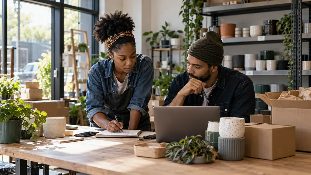 Illustrative photograph: Plant shop co-owners planning opening costs at a worktable