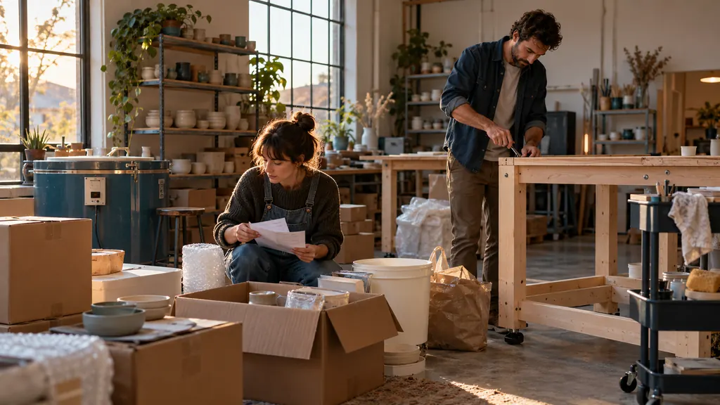 Illustrative photograph: Ceramics studio co-owners checking supplies and setup expenses