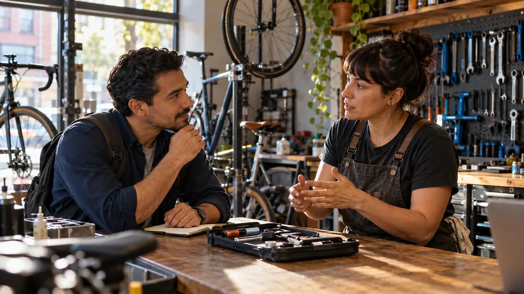 Illustrative photograph: Entrepreneur interviewing a bicycle shop owner about customer needs
