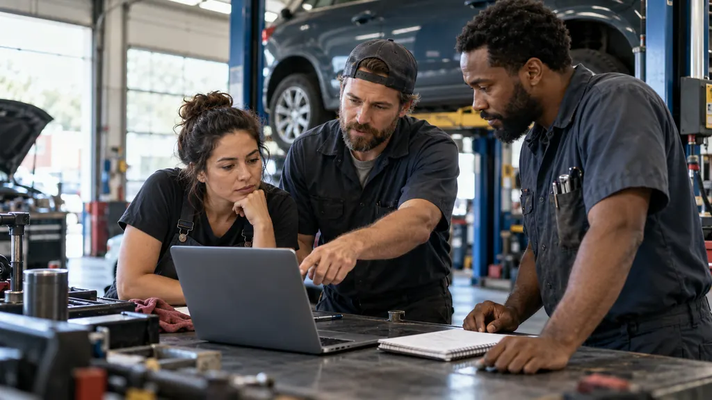 Illustrative photograph: Auto repair team reviewing weekly operating results at a workbench